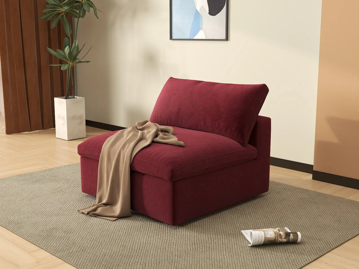Deluxe Cloud 1-Seater Claret Single Sofa | 1-Piece, Velvet Fabric, Living Room Accent, Washable Cushion Covers