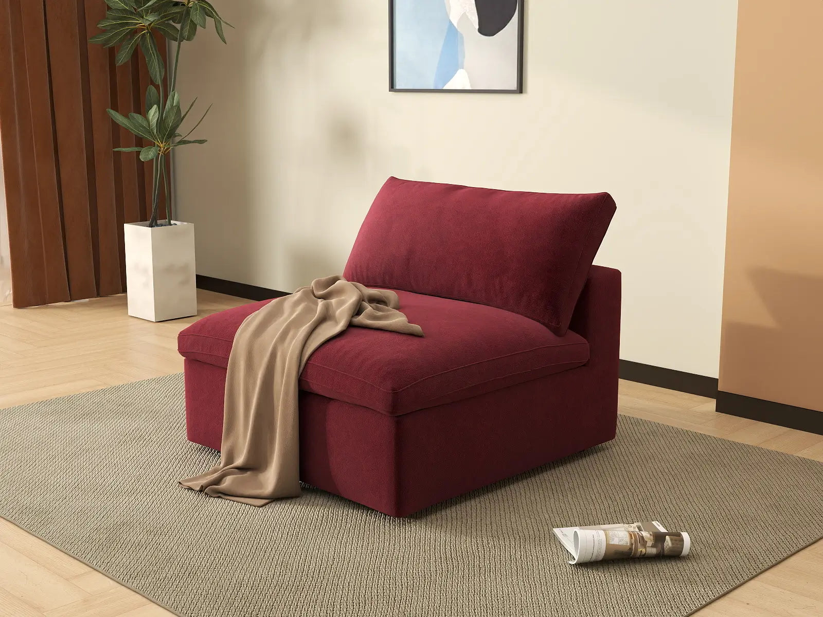 Deluxe Cloud 1-Seater Claret Single Sofa | 1-Piece, Velvet Fabric, Living Room Accent, Washable Cushion Covers