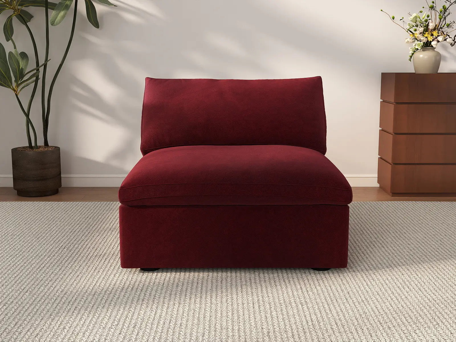 Deluxe Cloud 1-Seater Claret Single Sofa | 1-Piece, Velvet Fabric, Living Room Accent, Washable Cushion Covers