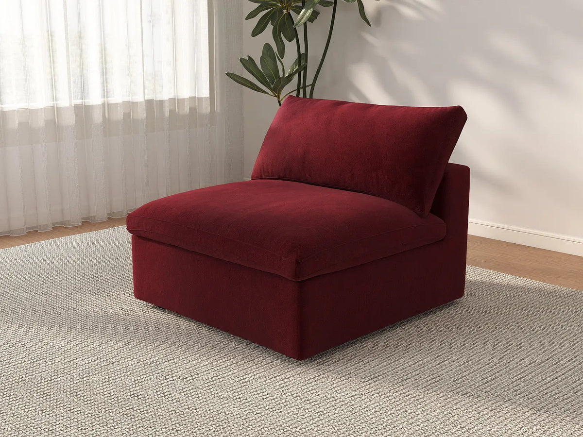 Deluxe Cloud 1-Seater Claret Single Sofa | 1-Piece, Velvet Fabric, Living Room Accent, Washable Cushion Covers