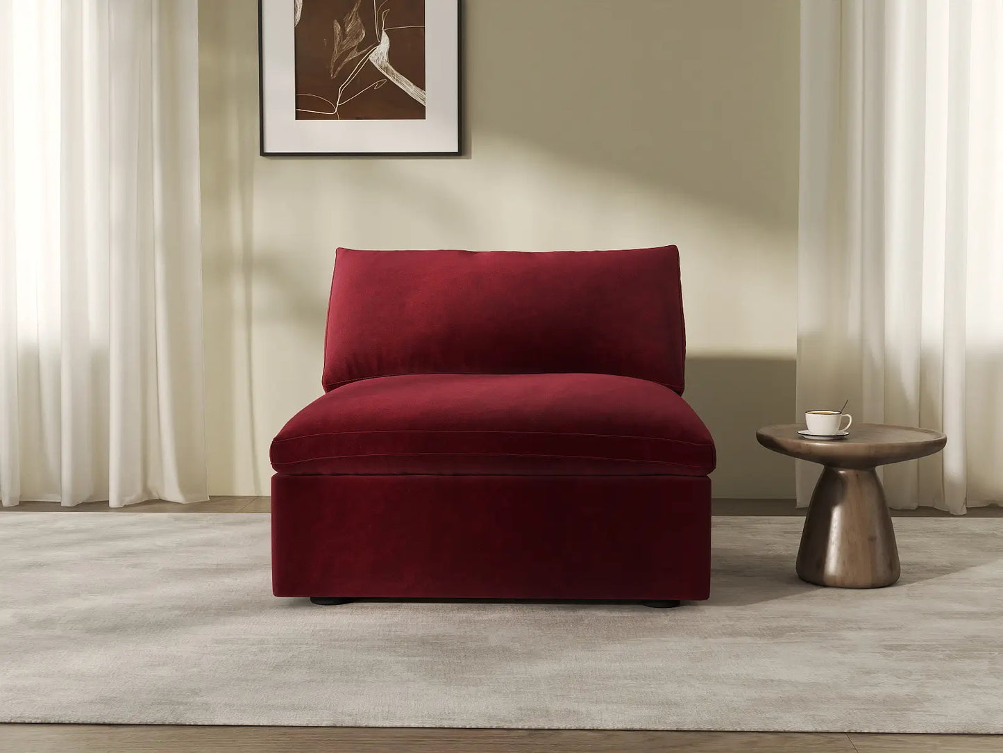 Deluxe Cloud 1-Seater Claret Single Sofa | 1-Piece, Velvet Fabric, Living Room Accent, Washable Cushion Covers