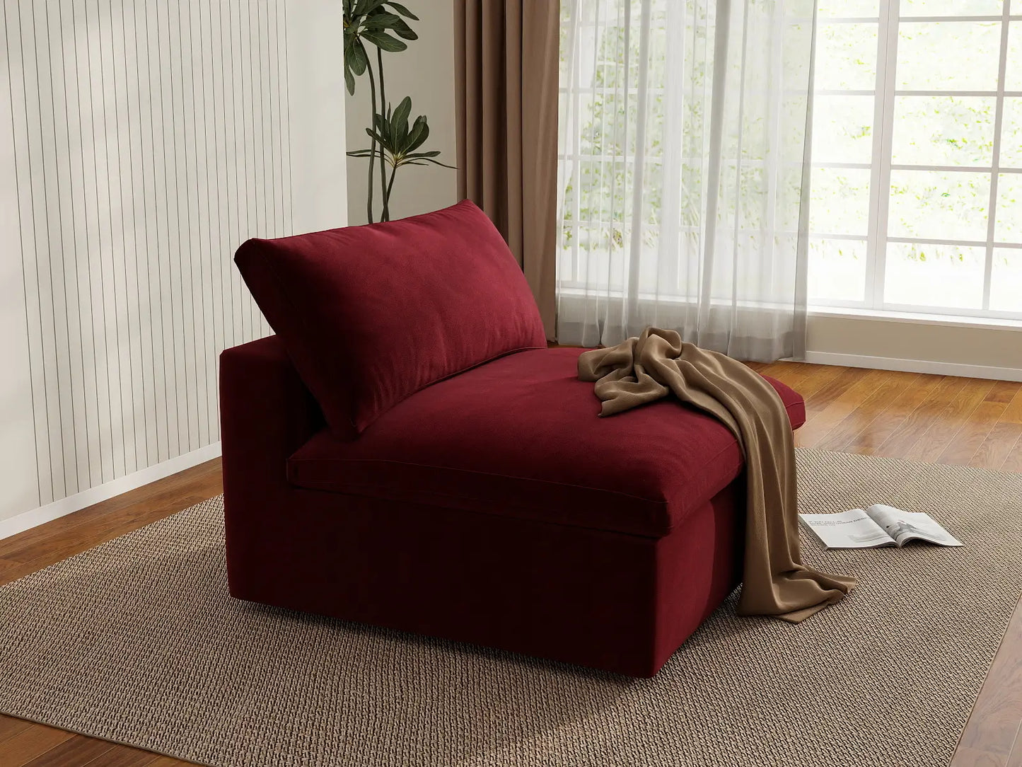 Deluxe Cloud 1-Seater Claret Single Sofa | 1-Piece, Velvet Fabric, Living Room Accent, Washable Cushion Covers