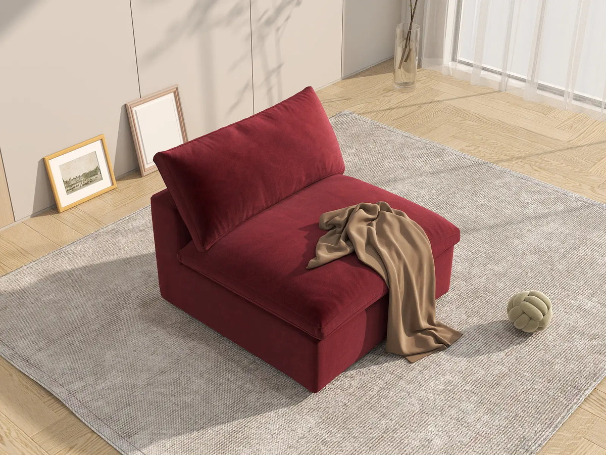 Deluxe Cloud 1-Seater Claret Single Sofa | 1-Piece, Velvet Fabric, Living Room Accent, Washable Cushion Covers