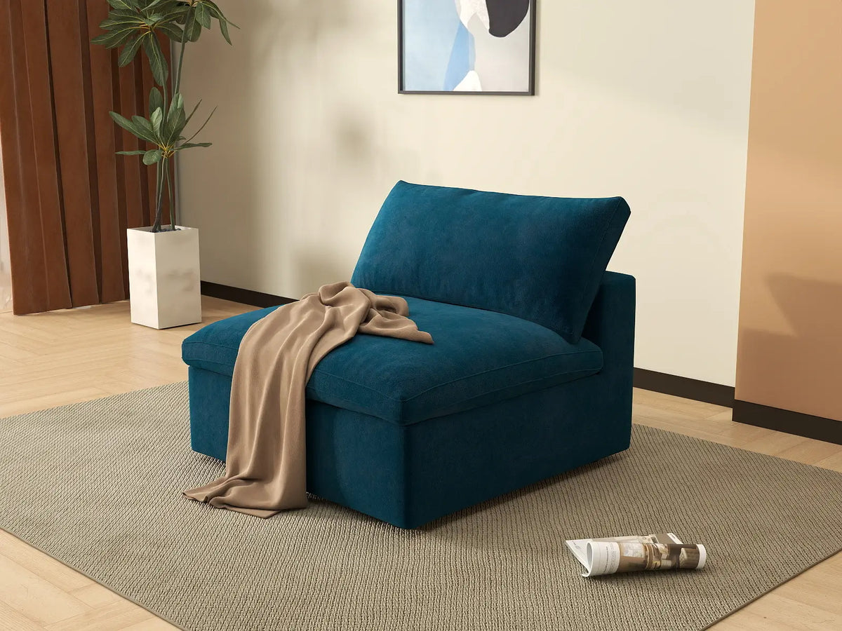 Deluxe Cloud 1-Seater Dark Blue Single Sofa | 1-Piece, Velvet Fabric, Living Room Accent, Washable Cushion Covers