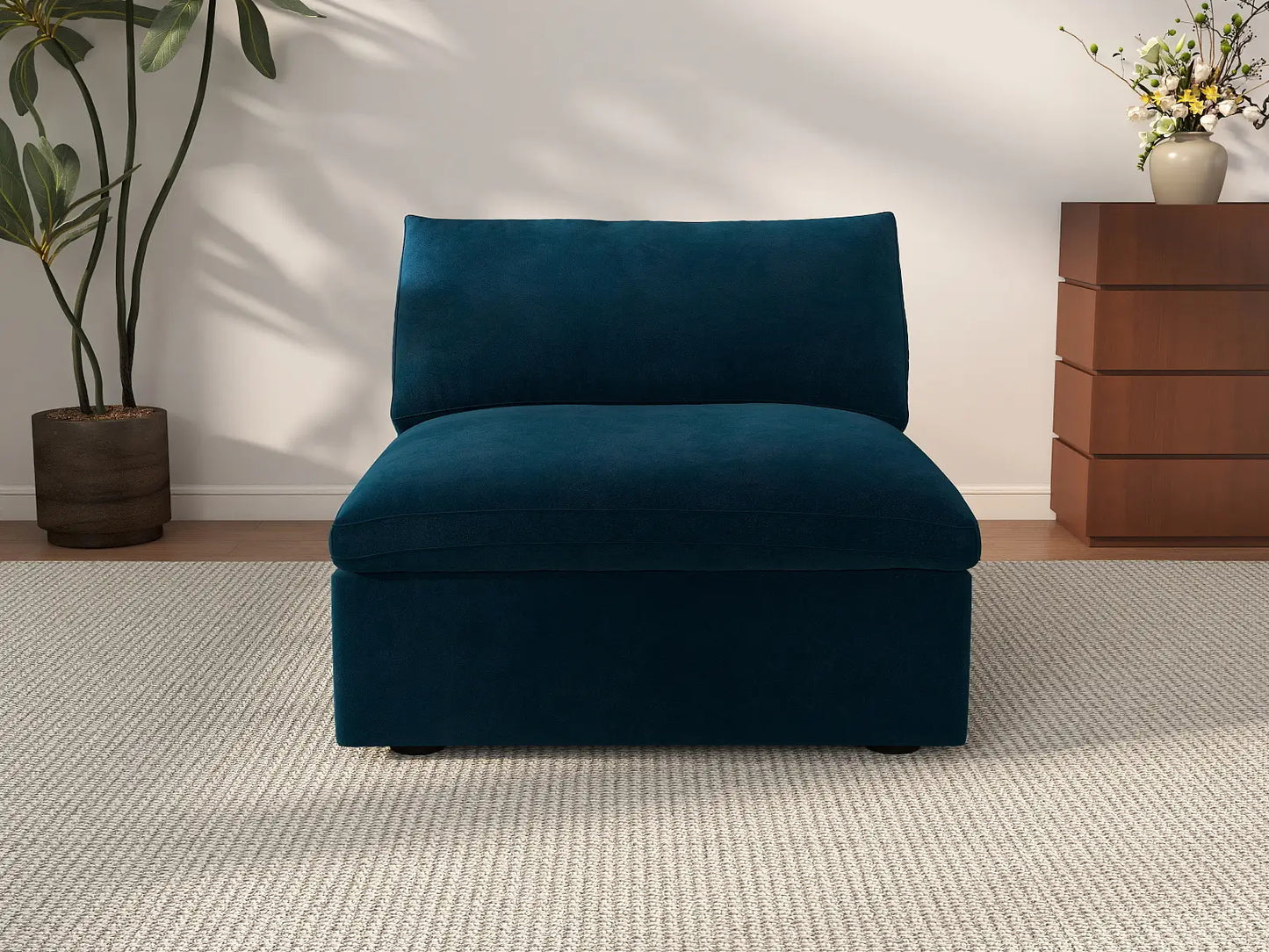 Deluxe Cloud 1-Seater Dark Blue Single Sofa | 1-Piece, Velvet Fabric, Living Room Accent, Washable Cushion Covers