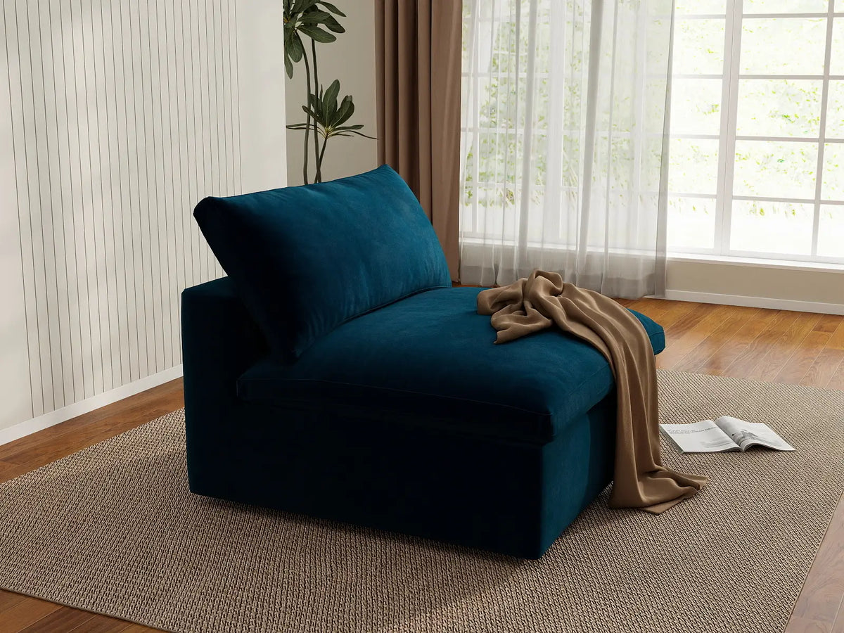 Deluxe Cloud 1-Seater Dark Blue Single Sofa | 1-Piece, Velvet Fabric, Living Room Accent, Washable Cushion Covers