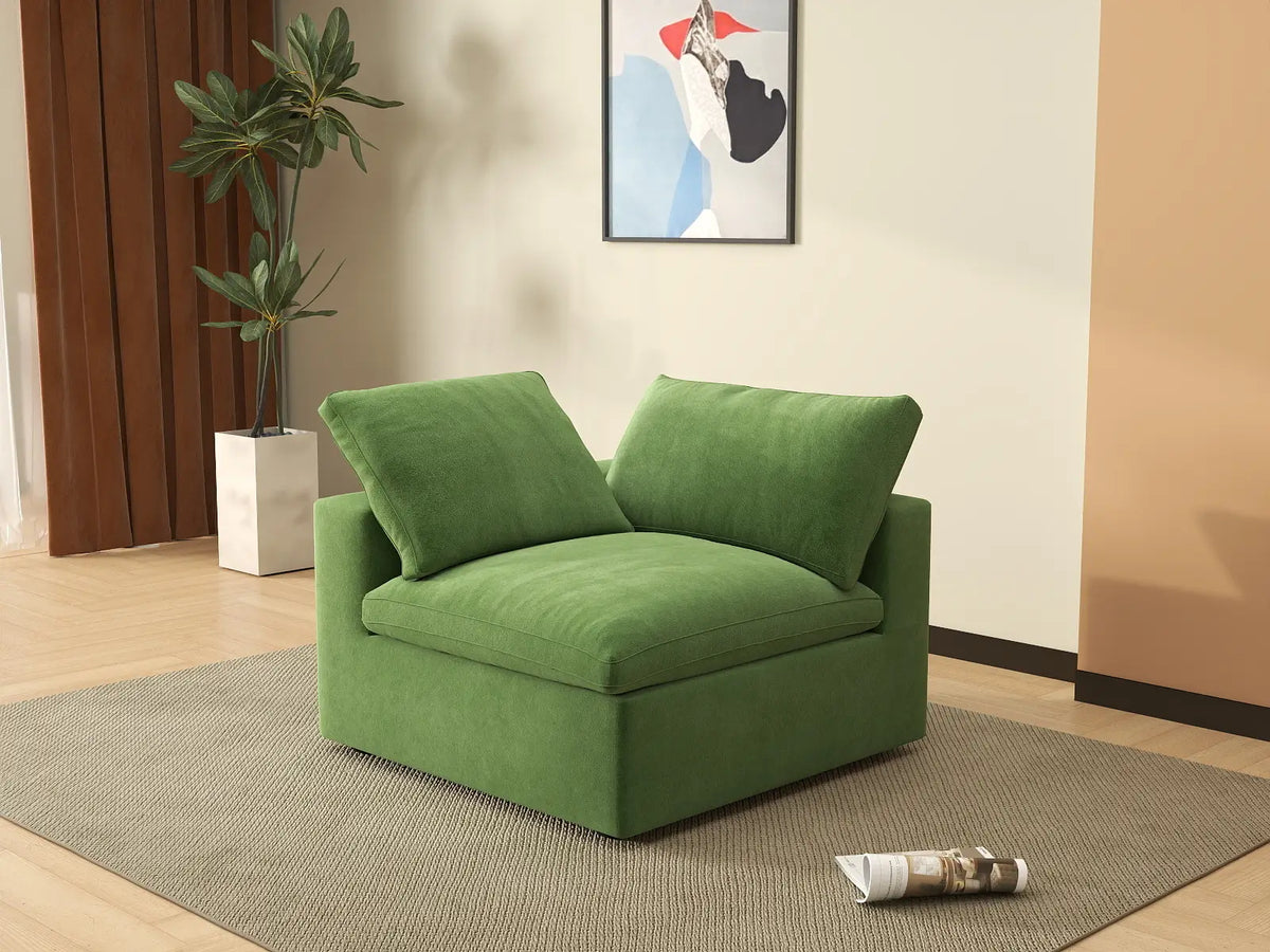 Deluxe Cloud 1-Seater Earth Green Single Sofa | 1-Piece, Velvet Fabric, Living Room Accent, Washable Cushion Covers
