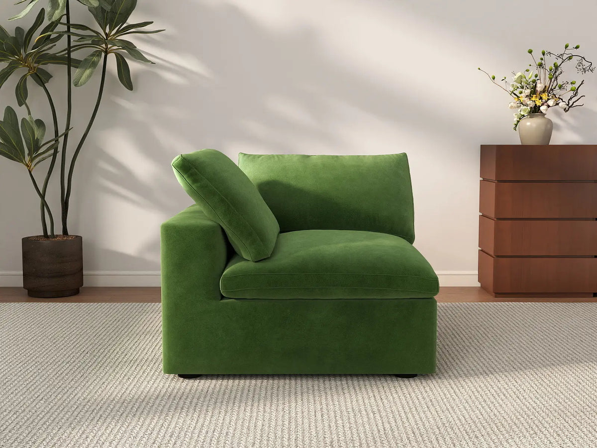 Deluxe Cloud 1-Seater Earth Green Single Sofa | 1-Piece, Velvet Fabric, Living Room Accent, Washable Cushion Covers