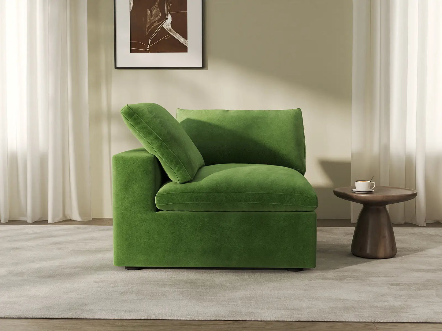 Deluxe Cloud 1-Seater Earth Green Single Sofa | 1-Piece, Velvet Fabric, Living Room Accent, Washable Cushion Covers