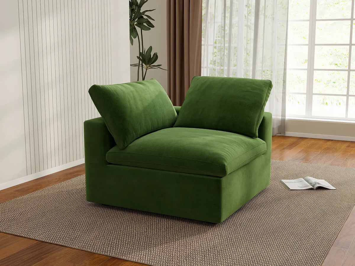 Deluxe Cloud 1-Seater Earth Green Single Sofa | 1-Piece, Velvet Fabric, Living Room Accent, Washable Cushion Covers