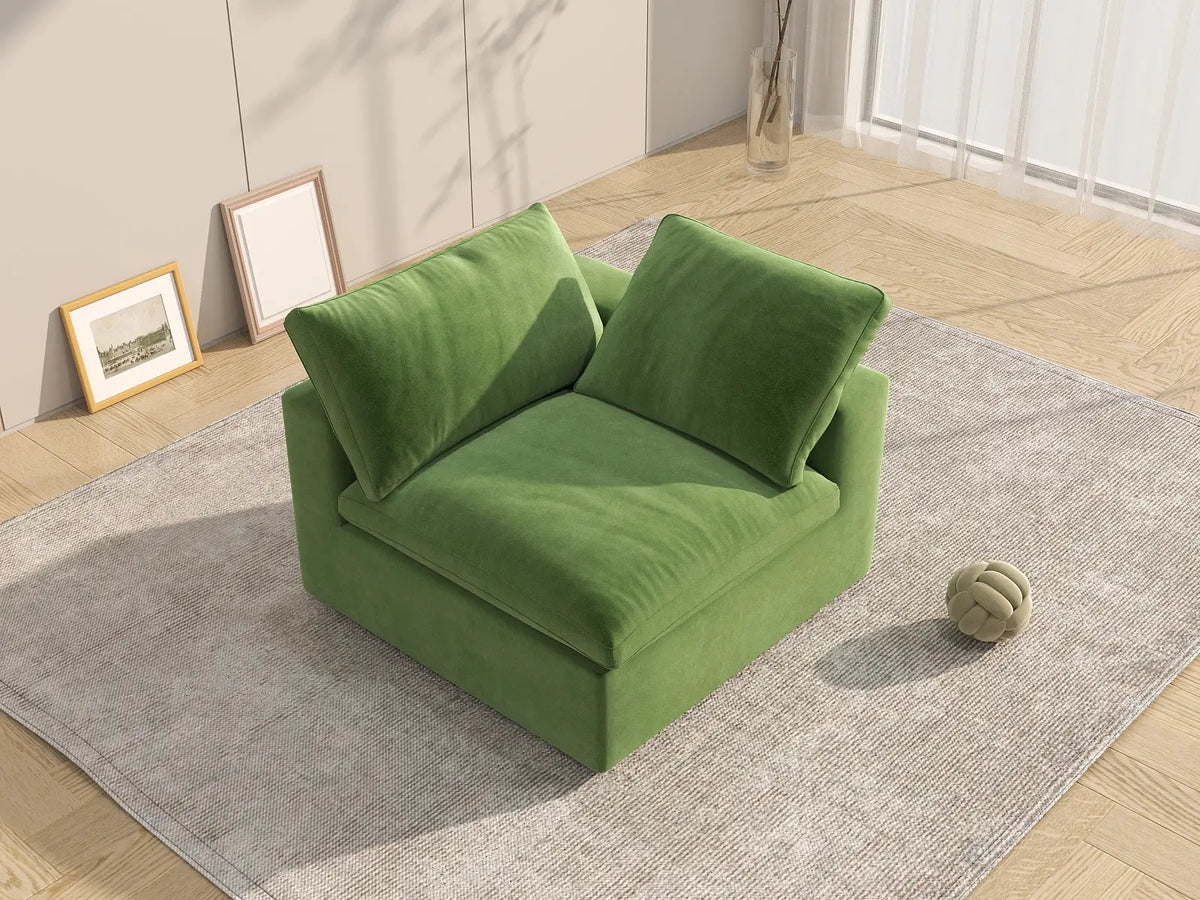 Deluxe Cloud 1-Seater Earth Green Single Sofa | 1-Piece, Velvet Fabric, Living Room Accent, Washable Cushion Covers