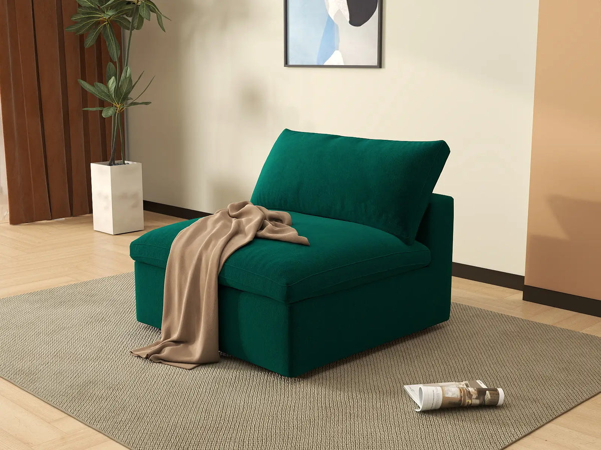 Deluxe Cloud 1-Seater Gem Green Single Sofa | 1-Piece, Velvet Fabric, Living Room Accent, Washable Cushion Covers