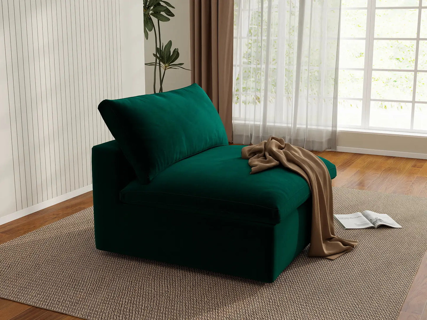Deluxe Cloud 1-Seater Gem Green Single Sofa | 1-Piece, Velvet Fabric, Living Room Accent, Washable Cushion Covers