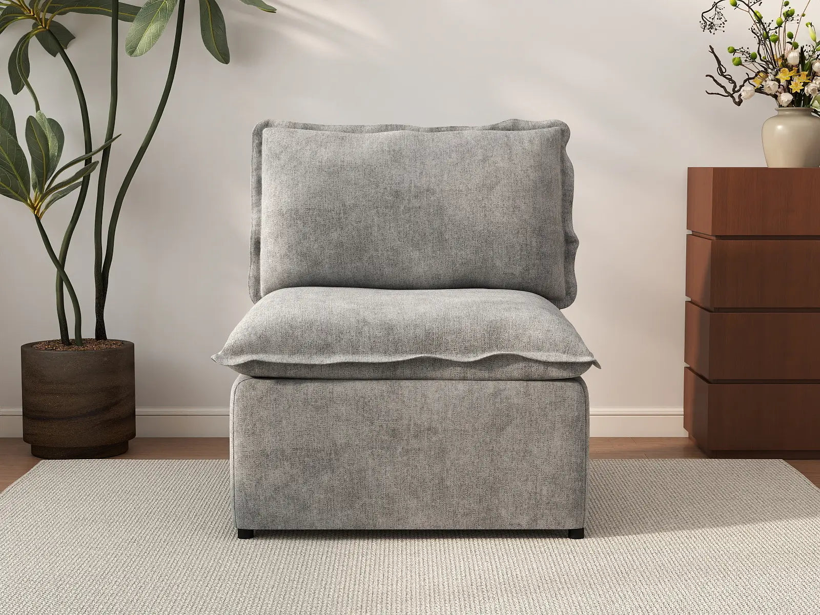 Deluxe Cloud 1-Seater Grey Small Space Single Sofa | 1-Piece, Linen Look Poly Fabric, Living Room Accent, Easy To Clean