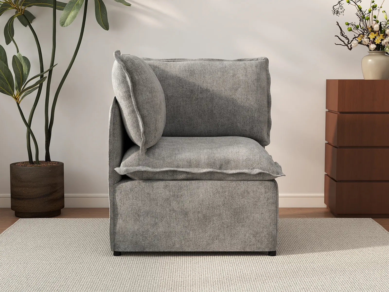 Deluxe Cloud 1-Seater Grey Small Space Single Sofa | 1-Piece, Linen Look Poly Fabric, Living Room Accent, Easy To Clean