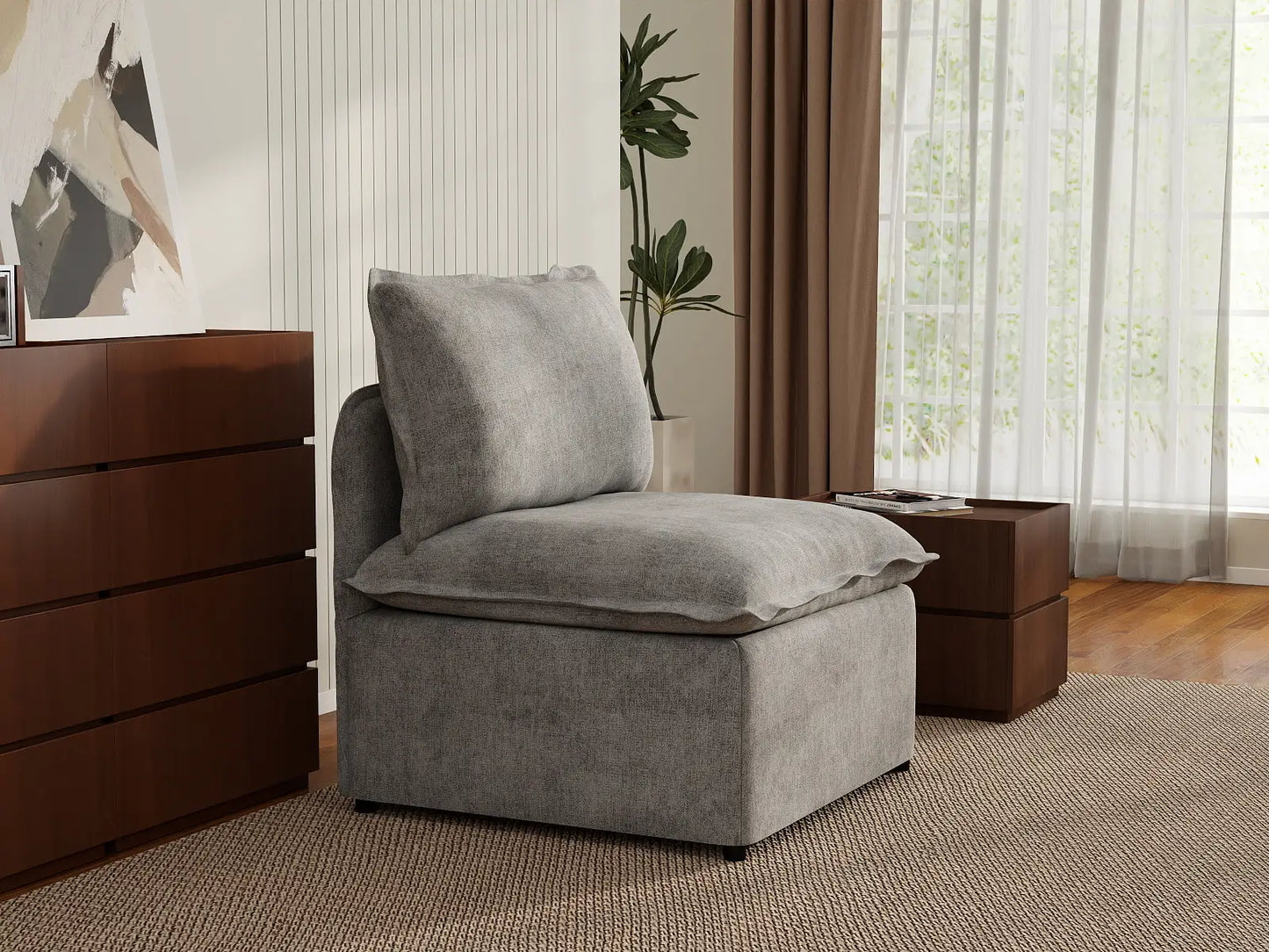 Deluxe Cloud 1-Seater Grey Small Space Single Sofa | 1-Piece, Linen Look Poly Fabric, Living Room Accent, Easy To Clean