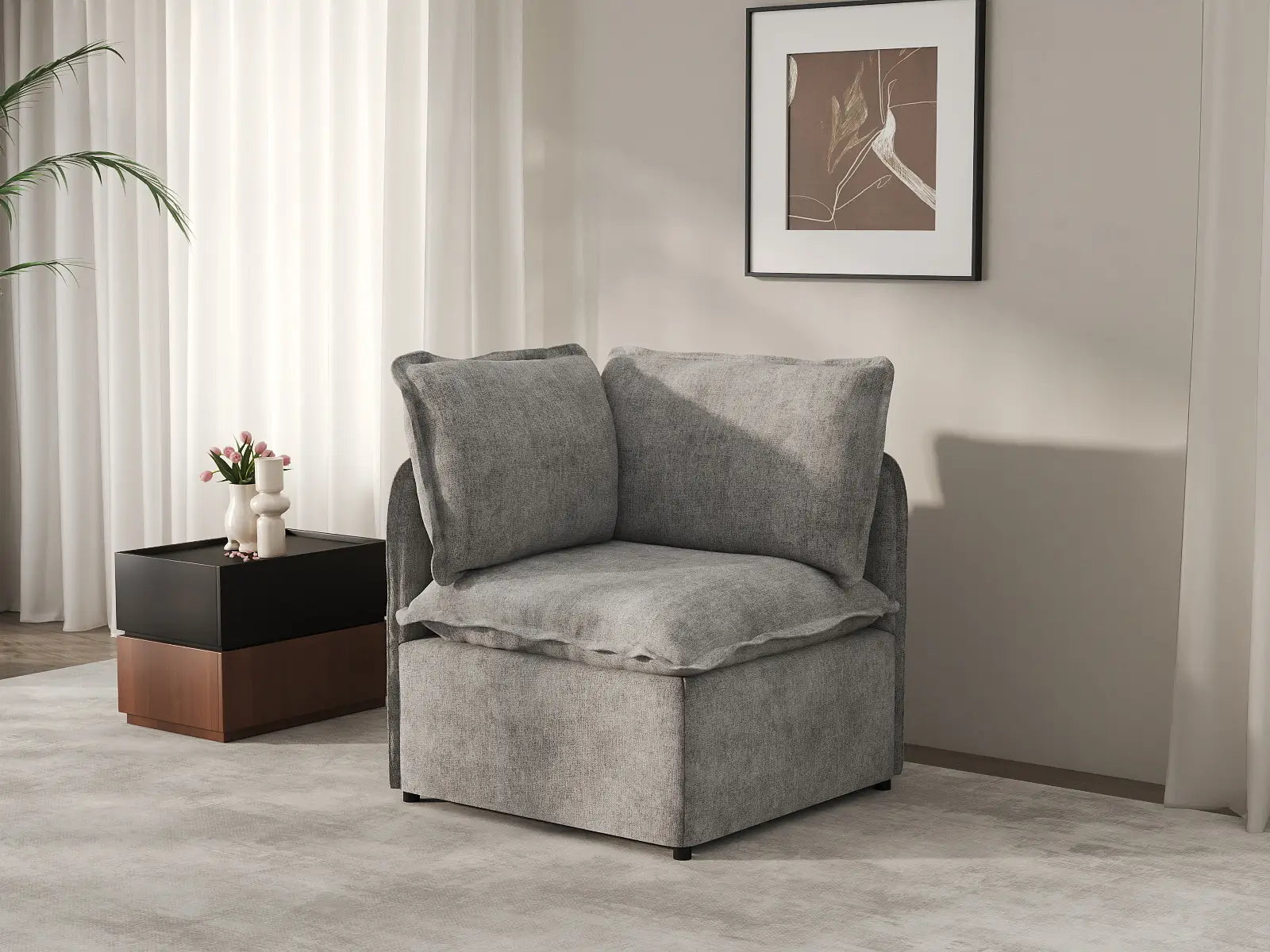 Deluxe Cloud 1-Seater Grey Small Space Single Sofa | 1-Piece, Linen Look Poly Fabric, Living Room Accent, Easy To Clean