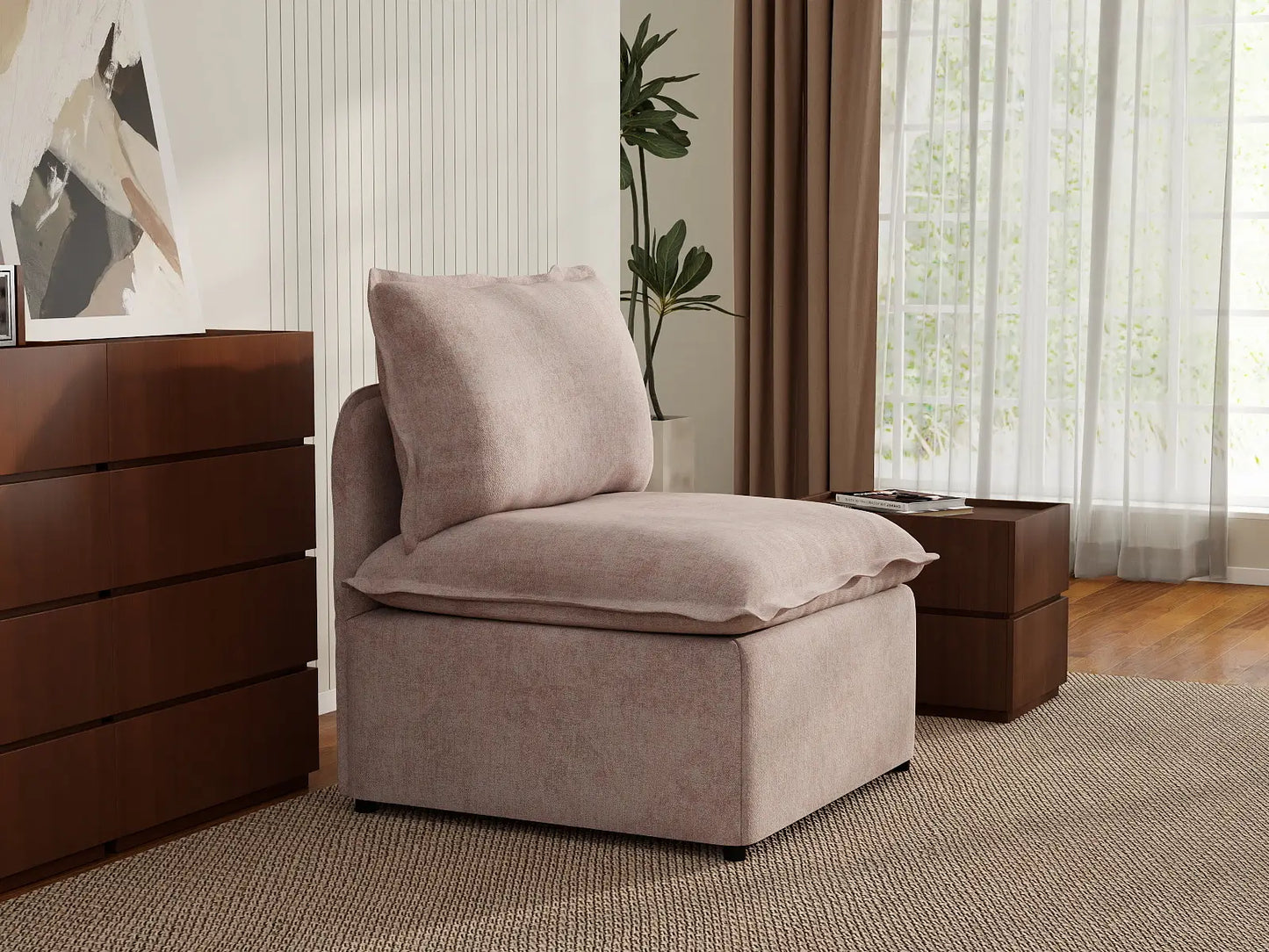 Deluxe Cloud 1-Seater Khaki Single Sofa | 1-Piece, Linen Look Poly Fabric, Living Room Accent, Washable Cushion Covers