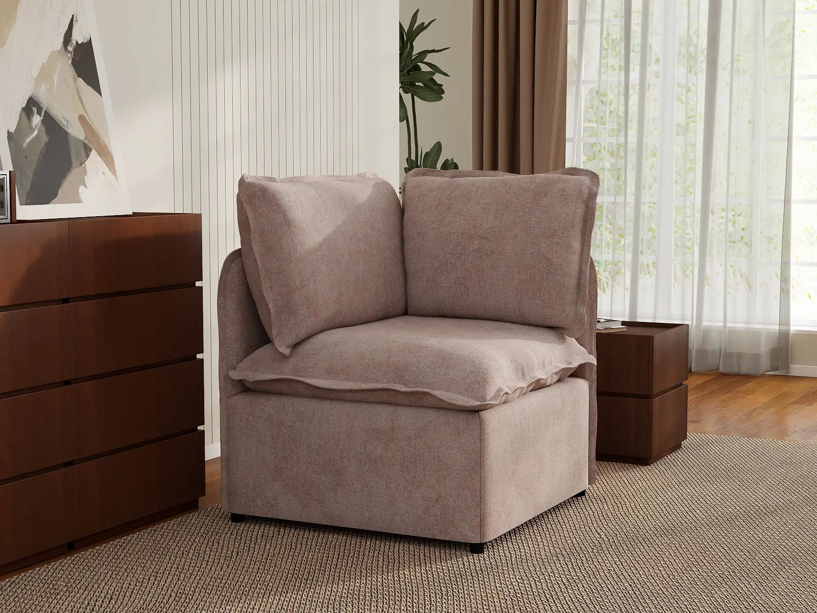 Deluxe Cloud 1-Seater Khaki Single Sofa | 1-Piece, Linen Look Poly Fabric, Living Room Accent, Washable Cushion Covers
