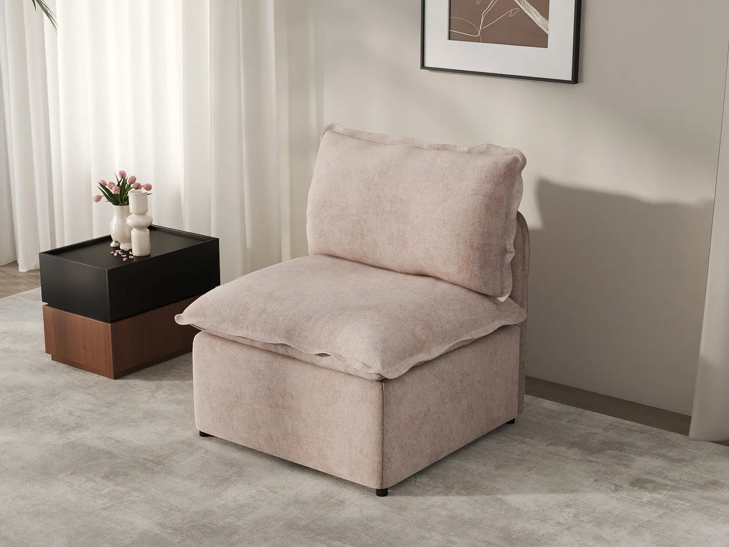 Deluxe Cloud 1-Seater Khaki Single Sofa | 1-Piece, Linen Look Poly Fabric, Living Room Accent, Washable Cushion Covers