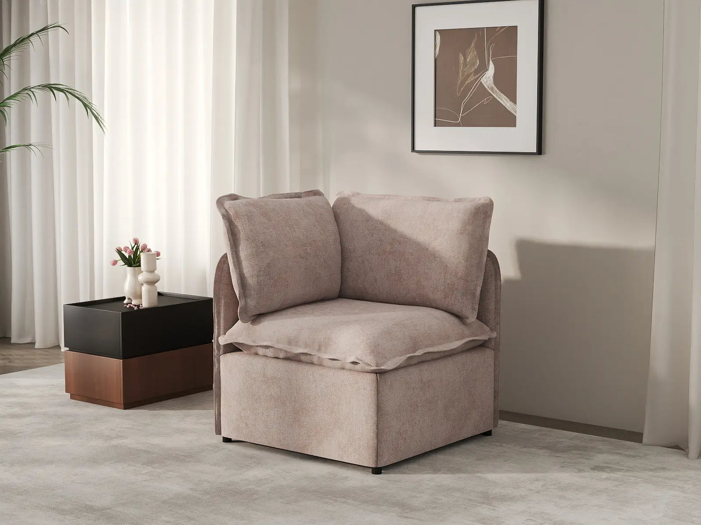 Deluxe Cloud 1-Seater Khaki Single Sofa | 1-Piece, Linen Look Poly Fabric, Living Room Accent, Washable Cushion Covers