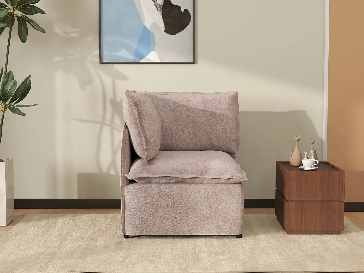 Deluxe Cloud 1-Seater Khaki Single Sofa | 1-Piece, Linen Look Poly Fabric, Living Room Accent, Washable Cushion Covers