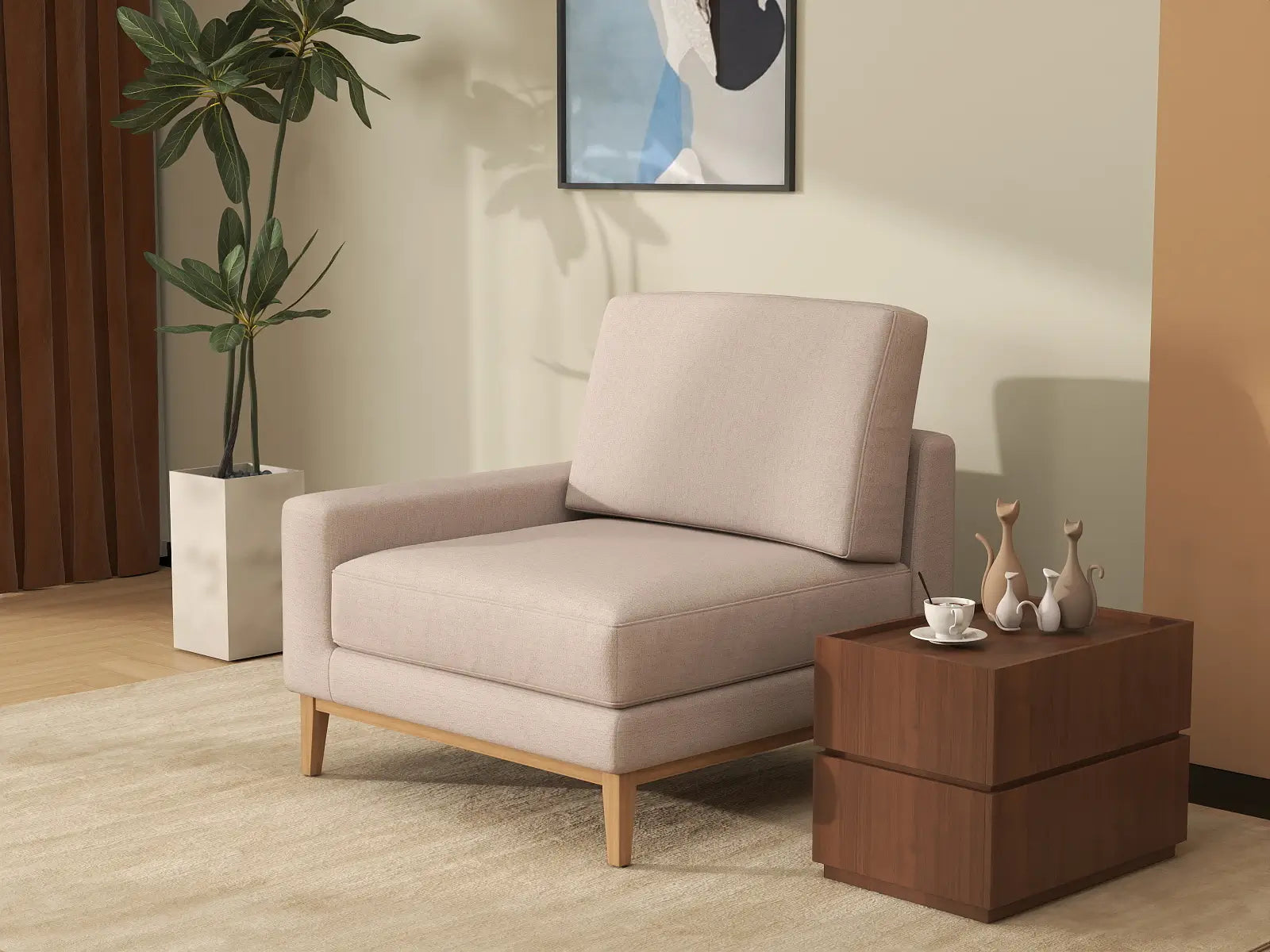 Deluxe Cloud 1-Seater Khaki Single Sofa | 1-Piece, Linen Look Poly Fabric, Living Room Accent, Washable Cushion Covers
