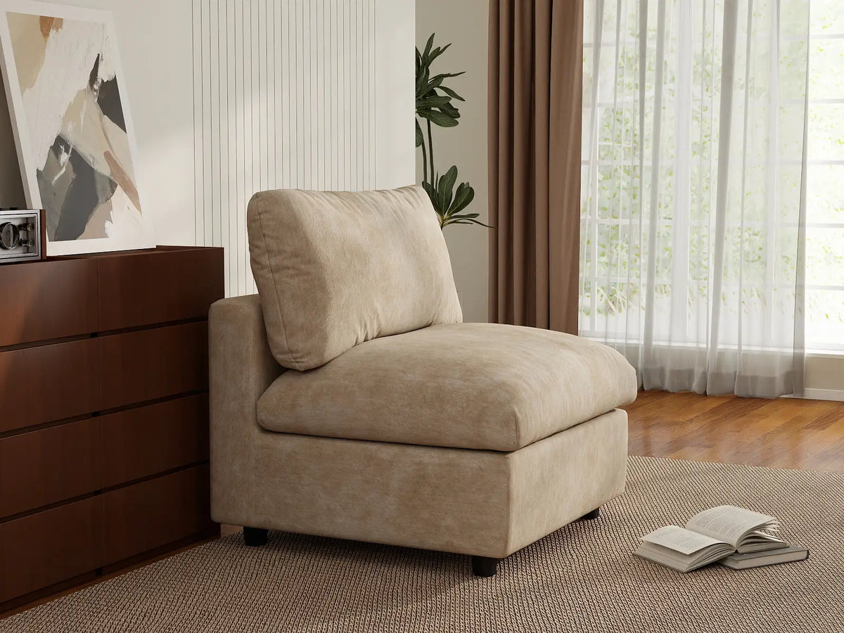 Deluxe Cloud 1-Seater Khaki Small Space Single Sofa | 1-Piece, Linen-Blend Chenille Fabric, Living Room Accent, Easy To Clean
