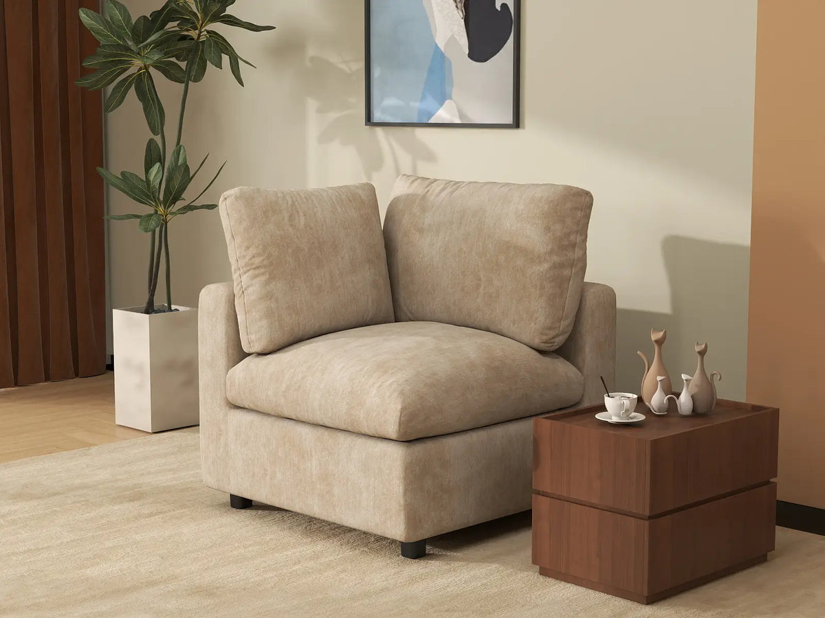 Deluxe Cloud 1-Seater Khaki Small Space Single Sofa | 1-Piece, Linen-Blend Chenille Fabric, Living Room Accent, Easy To Clean