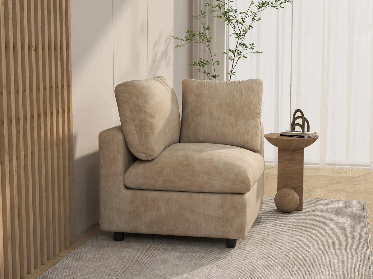 Deluxe Cloud 1-Seater Khaki Small Space Single Sofa | 1-Piece, Linen-Blend Chenille Fabric, Living Room Accent, Easy To Clean
