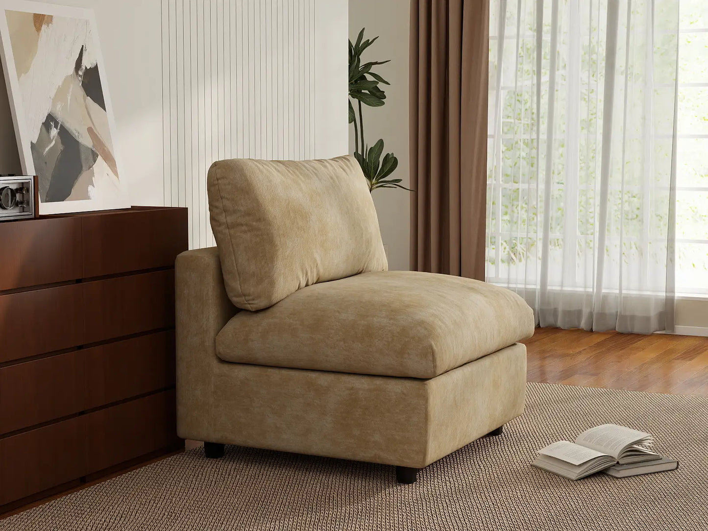 Sofá Individual de 1 Plaza Deluxe Cloud Caqui para Espacios Pequeños | 1 Pieza, Tejido de Chenilla con Mezcla de Lino, Decoración para Salón, Fácil de Limpiar