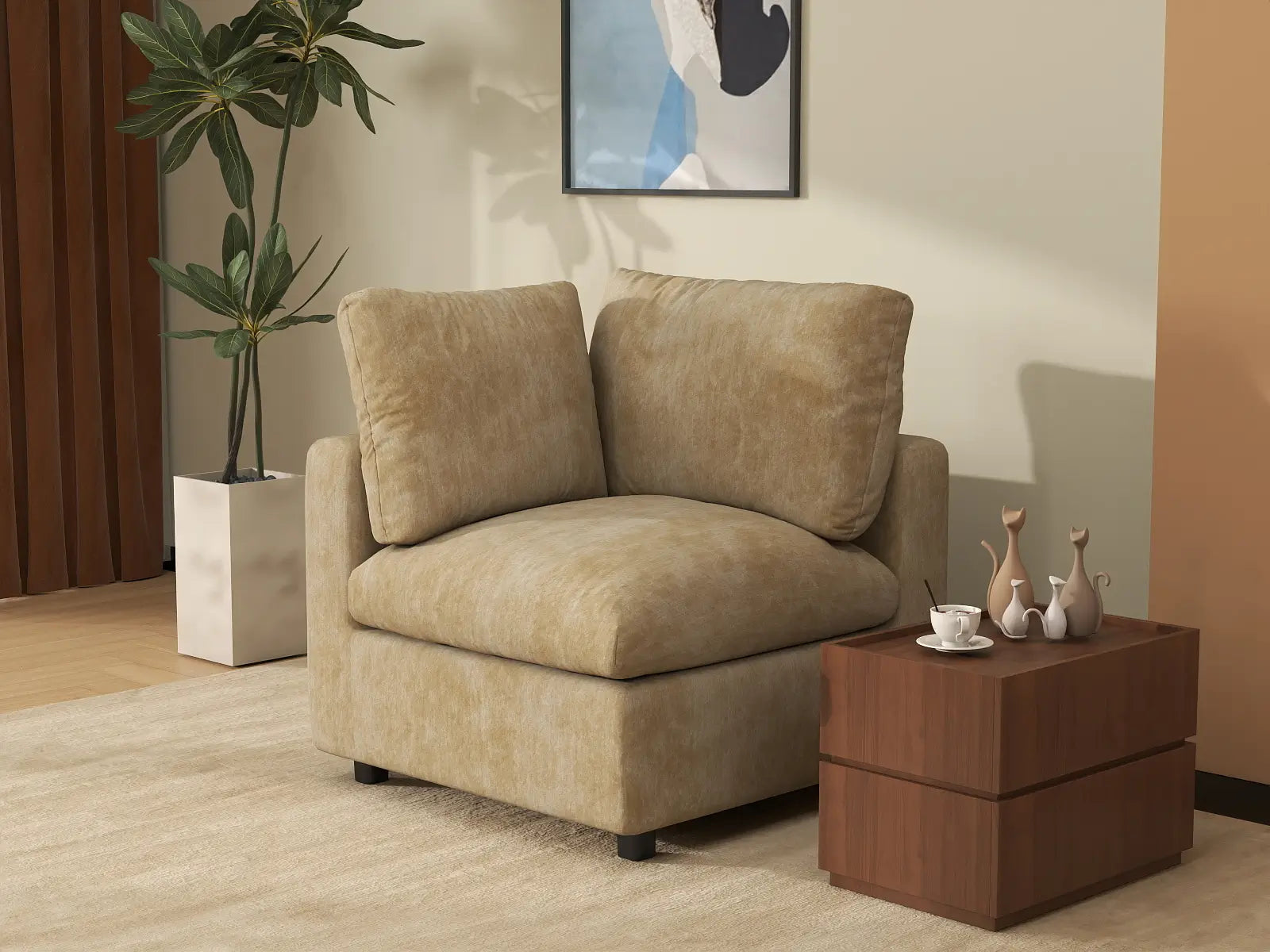 Sofá individual de 1 plaza Deluxe Cloud color caqui para espacios pequeños | 1 pieza, tela de chenilla de mezcla de lino, decorativo para sala de estar, fácil de limpiar