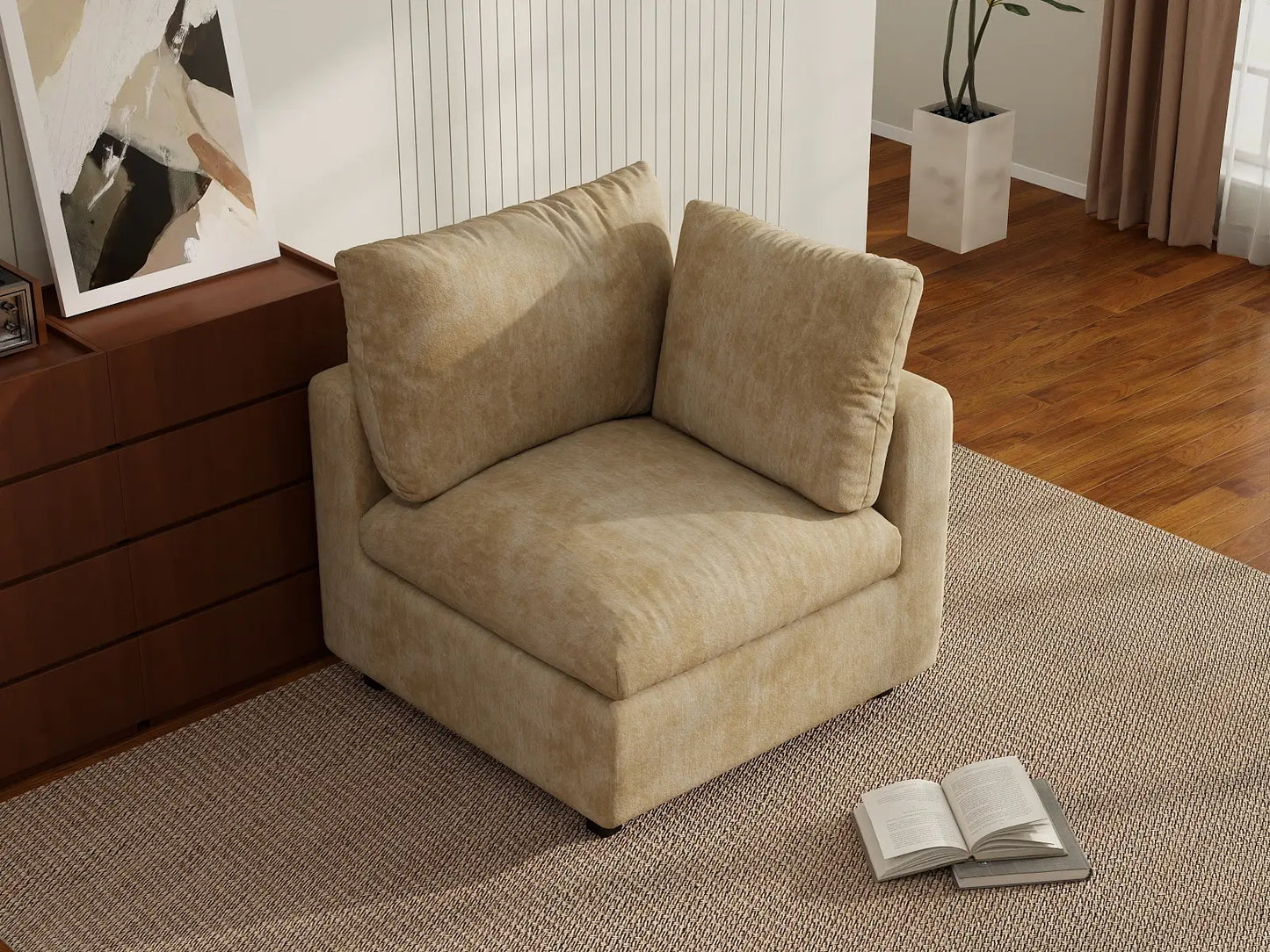 Sofá individual de 1 plaza Deluxe Cloud color caqui para espacios pequeños | 1 pieza, tela de chenilla de mezcla de lino, decorativo para sala de estar, fácil de limpiar