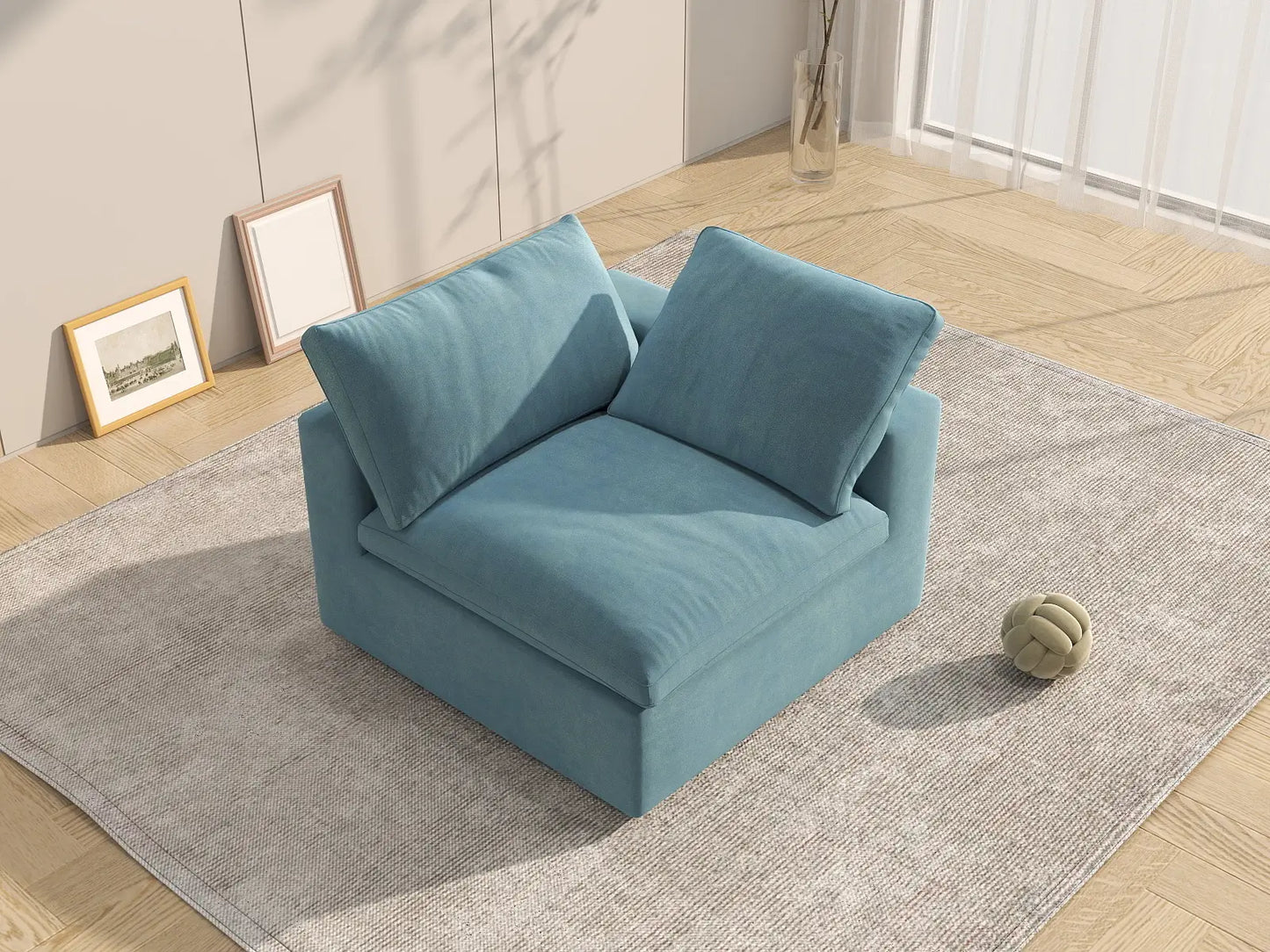 Deluxe Cloud 1-Seater Light Blue Single Sofa | 1-Piece, Velvet Fabric, Living Room Accent, Washable Cushion Covers