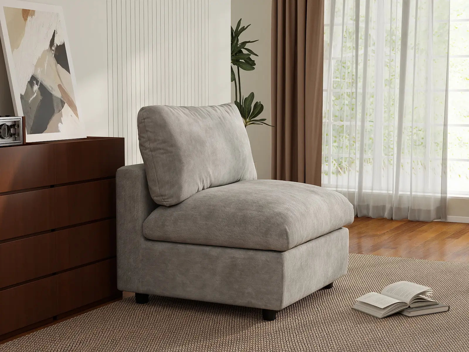 Sofá individual de 1 plaza Deluxe Cloud gris claro | 1 pieza, tela chenilla mezcla de lino, decorativo para sala de estar, fundas de cojín lavables