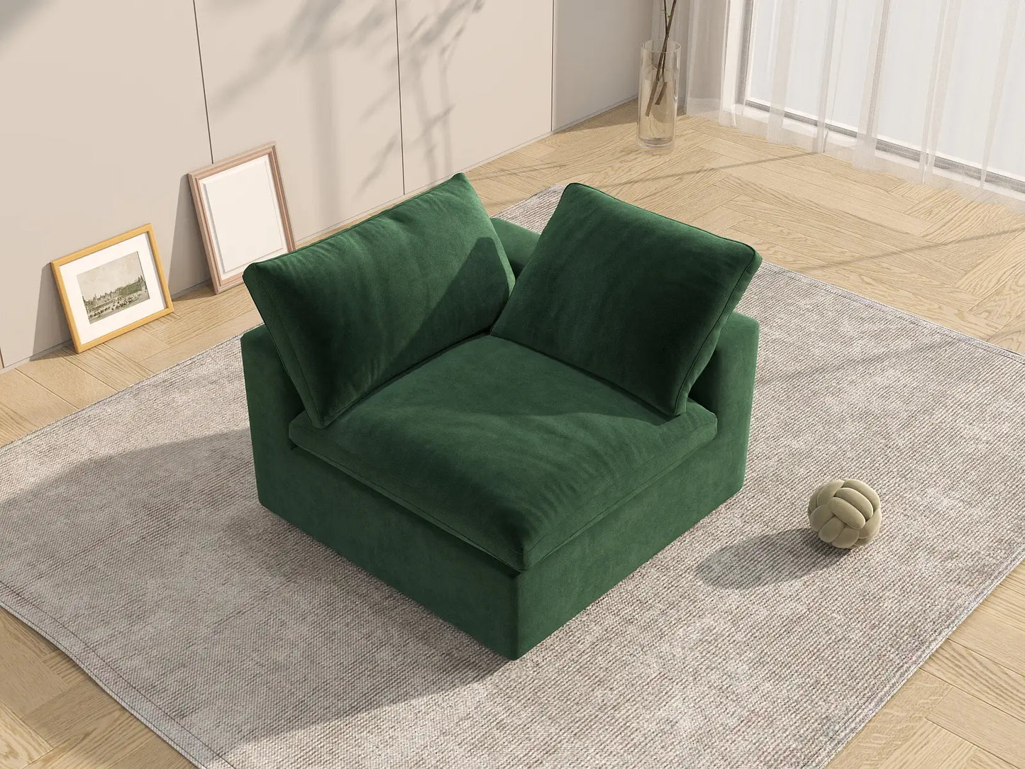 Deluxe Cloud 1-Seater Olive Green Single Sofa | 1-Piece, Velvet Fabric, Living Room Accent, Washable Cushion Covers
