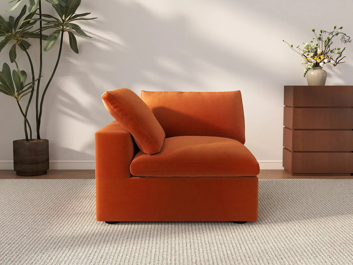 Deluxe Cloud 1-Seater Orange Single Sofa | 1-Piece, Velvet Fabric, Living Room Accent, Washable Cushion Covers