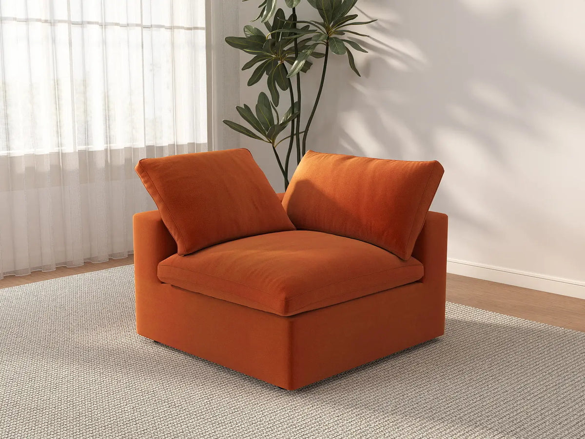 Deluxe Cloud 1-Seater Orange Single Sofa | 1-Piece, Velvet Fabric, Living Room Accent, Washable Cushion Covers