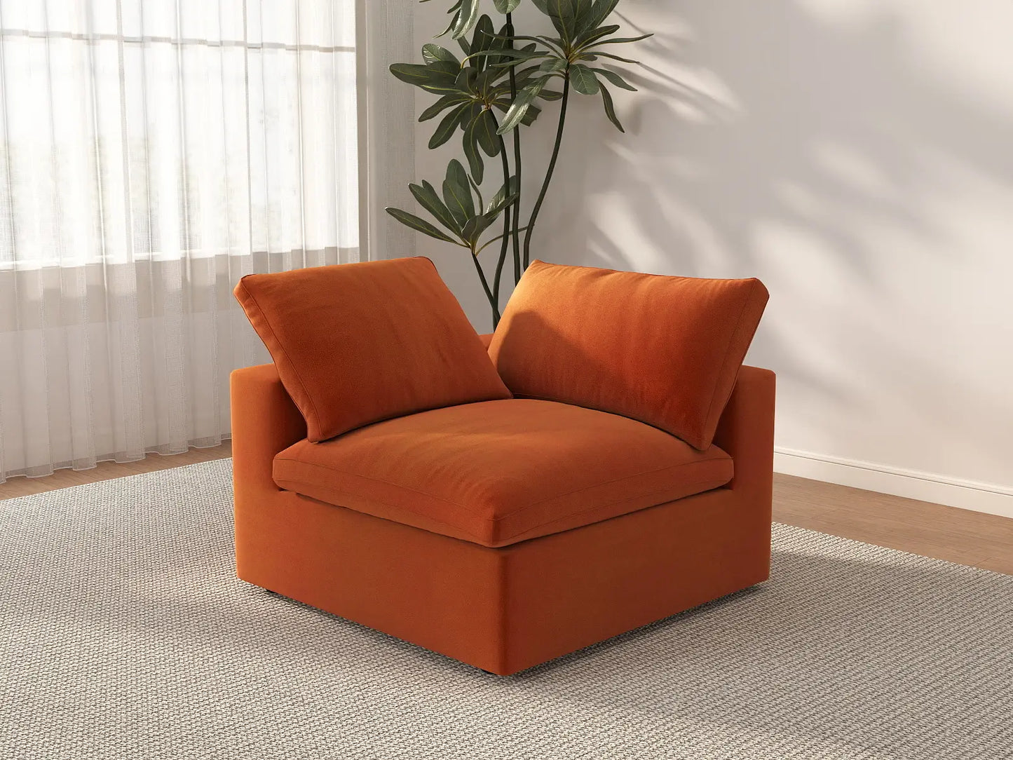 Deluxe Cloud 1-Seater Orange Single Sofa | 1-Piece, Velvet Fabric, Living Room Accent, Washable Cushion Covers