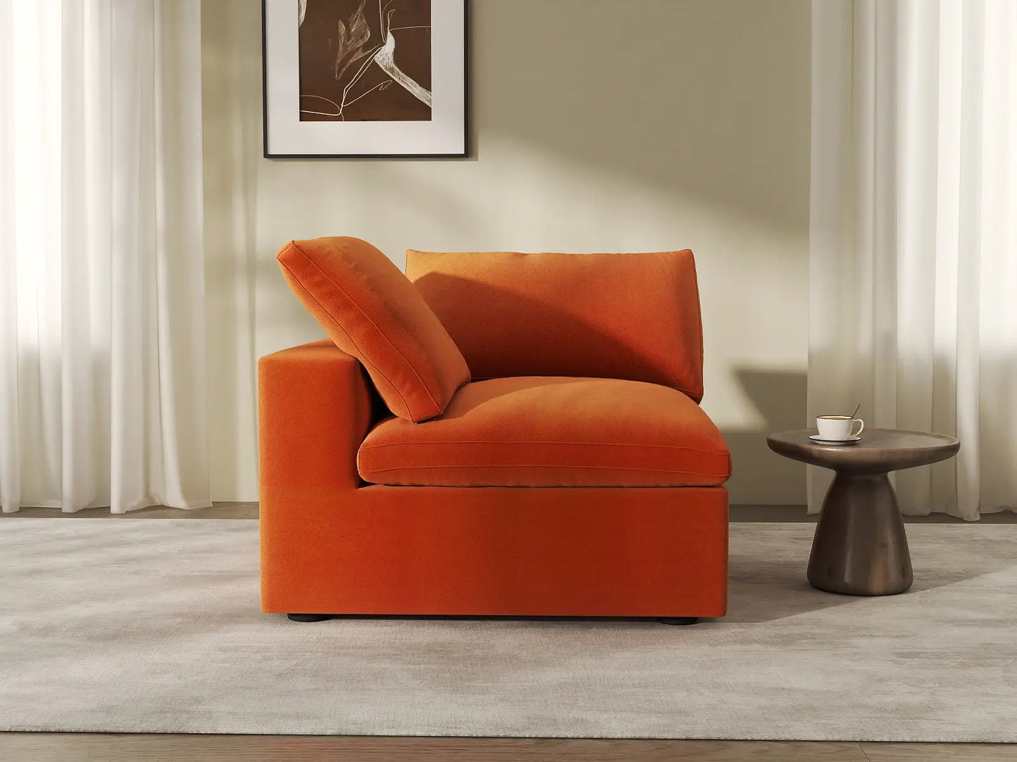 Deluxe Cloud 1-Seater Orange Single Sofa | 1-Piece, Velvet Fabric, Living Room Accent, Washable Cushion Covers