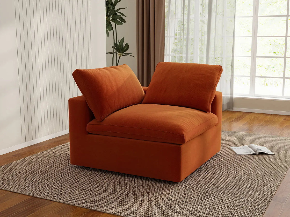Deluxe Cloud 1-Seater Orange Single Sofa | 1-Piece, Velvet Fabric, Living Room Accent, Washable Cushion Covers