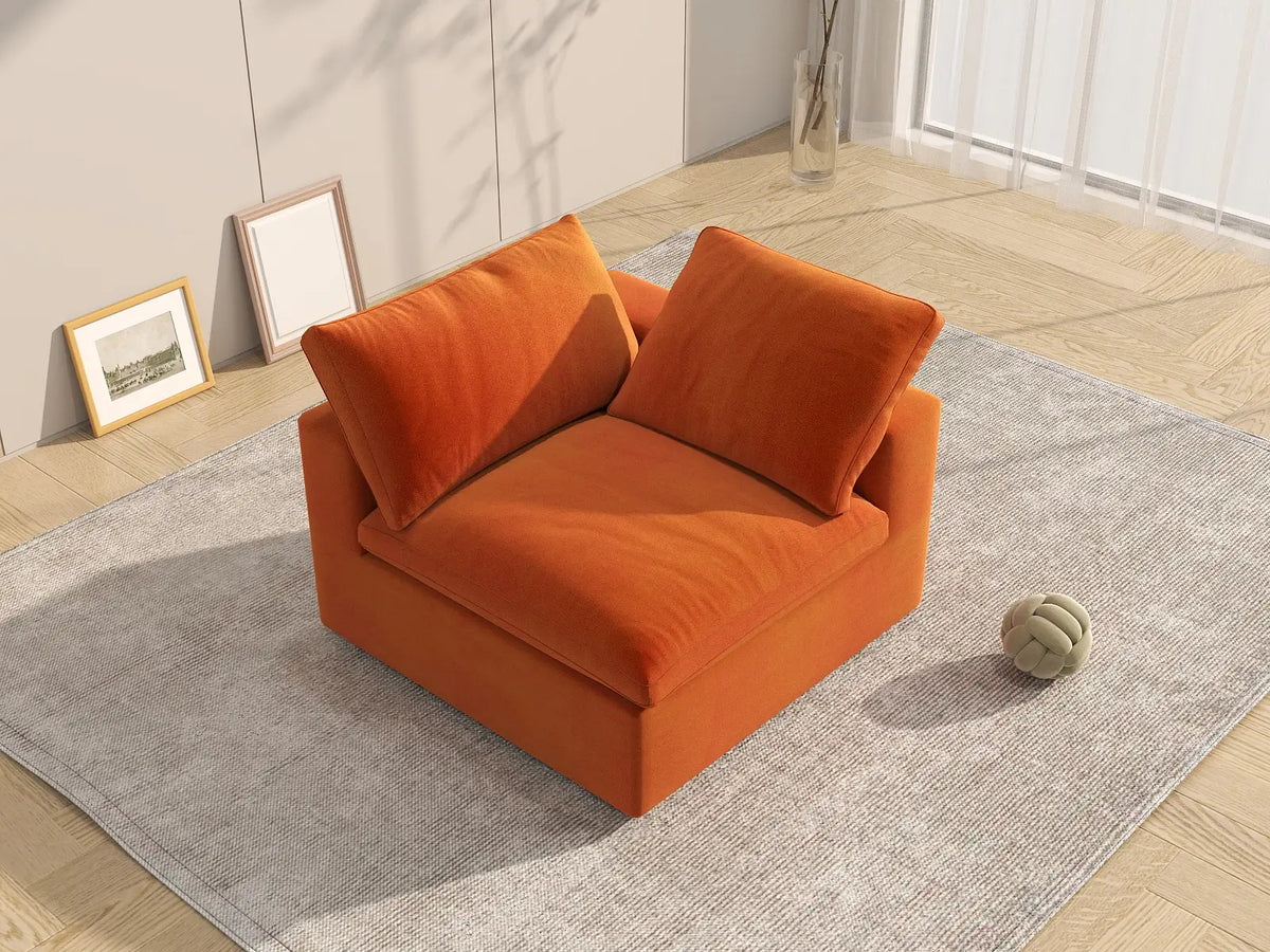 Deluxe Cloud 1-Seater Orange Single Sofa | 1-Piece, Velvet Fabric, Living Room Accent, Washable Cushion Covers
