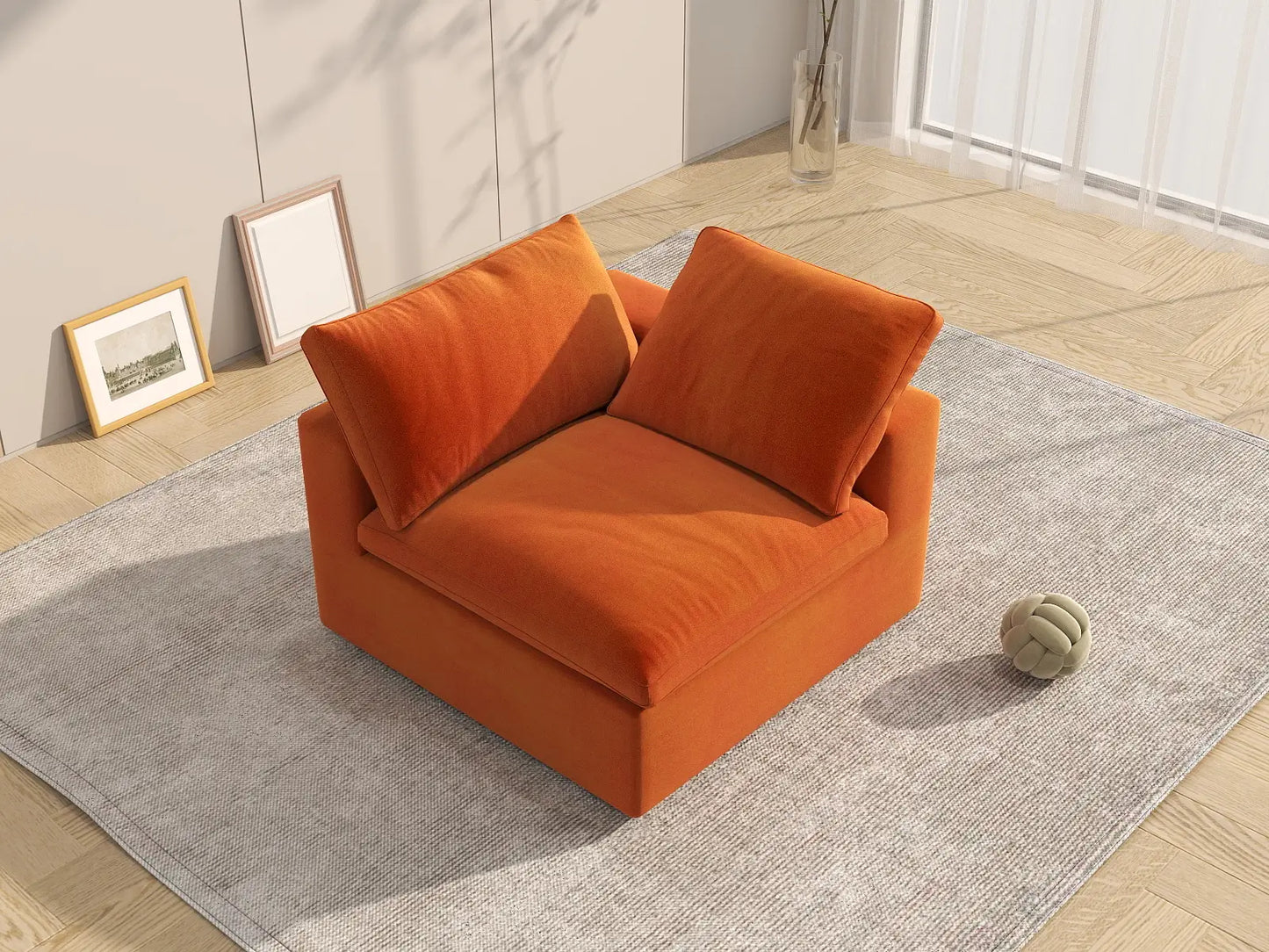 Deluxe Cloud 1-Seater Orange Single Sofa | 1-Piece, Velvet Fabric, Living Room Accent, Washable Cushion Covers
