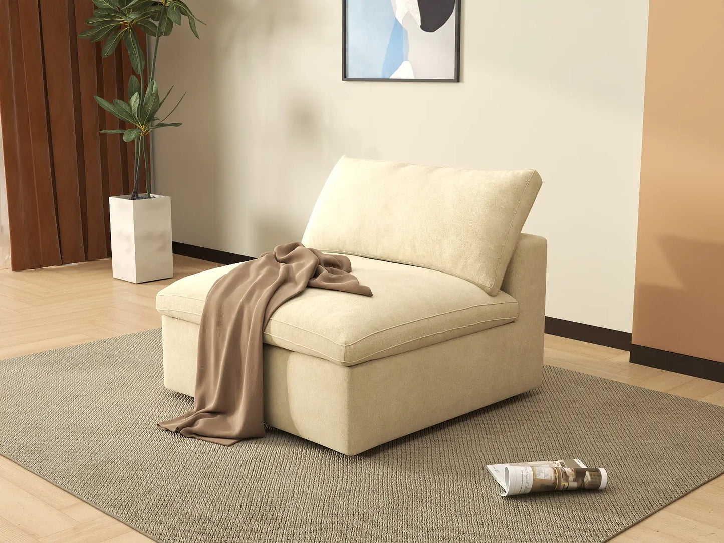 Deluxe Cloud 1-Seater Single Sofa in Beige Velvet | 1-Piece, Living Room Accent, Easy To Clean, Modern Style