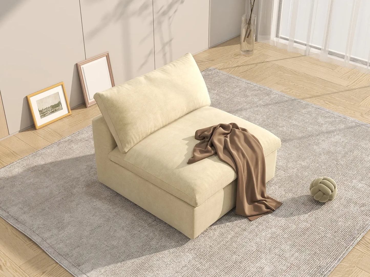 Deluxe Cloud 1-Seater Single Sofa in Beige Velvet | 1-Piece, Living Room Accent, Easy To Clean, Modern Style