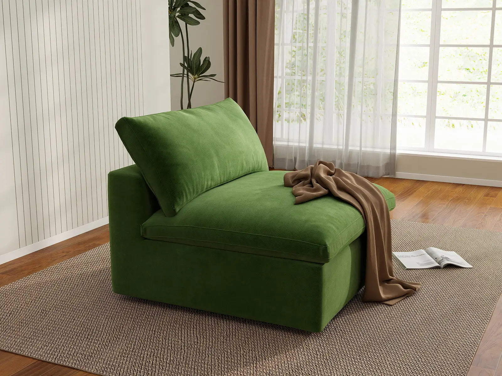 Deluxe Cloud 1-Seater Single Sofa in Earth Green Velvet | 1-Piece, Living Room Accent, Easy To Clean, Small Space