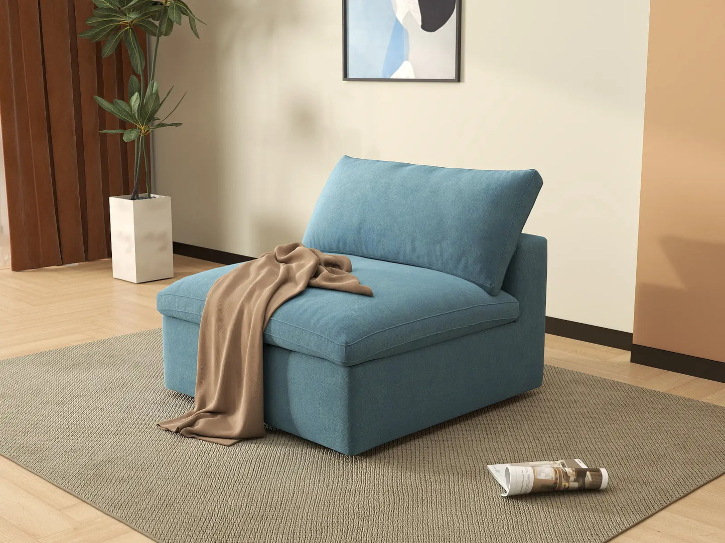 Deluxe Cloud 1-Seater Single Sofa in Light Blue Velvet | 1-Piece, Living Room Accent, Easy To Clean, Contemporary Style
