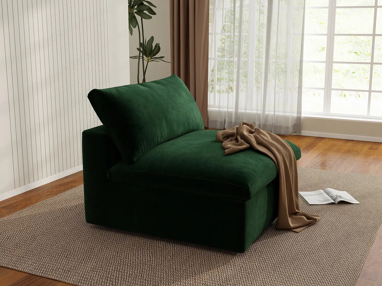 Deluxe Cloud 1-Seater Single Sofa in Olive Green Velvet | 1-Piece, Living Room Accent, Easy To Clean, Modular Design