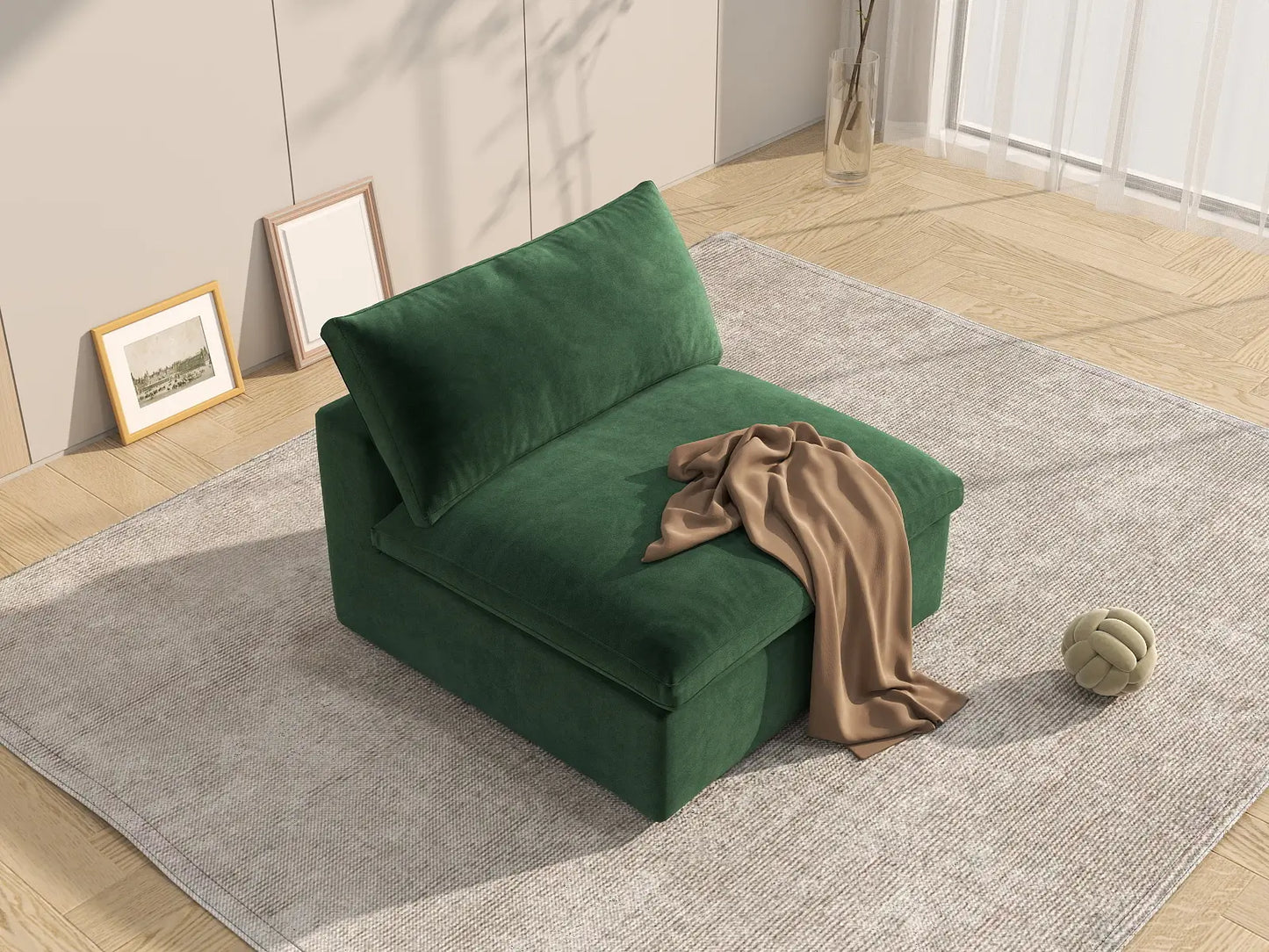 Deluxe Cloud 1-Seater Single Sofa in Olive Green Velvet | 1-Piece, Living Room Accent, Easy To Clean, Modular Design
