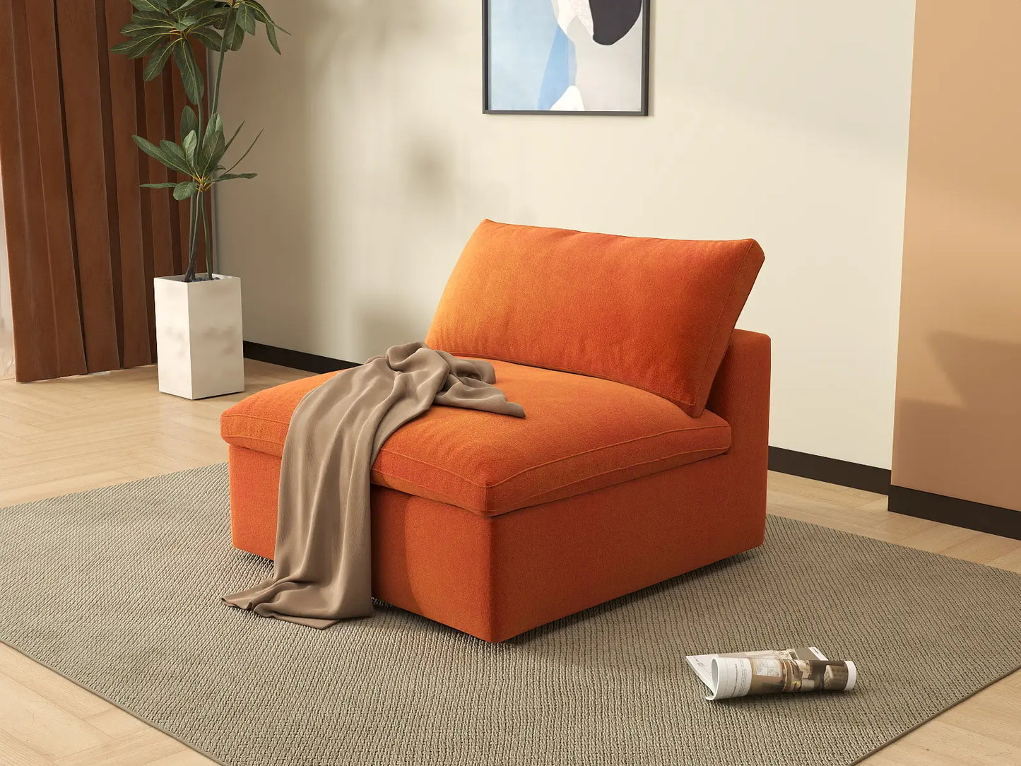 Deluxe Cloud 1-Seater Single Sofa in Orange Velvet | 1-Piece, Living Room Accent, Easy To Clean, Stylish Design